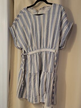 Blue and White Striped Tiered Waist-Tie Tunic Dress